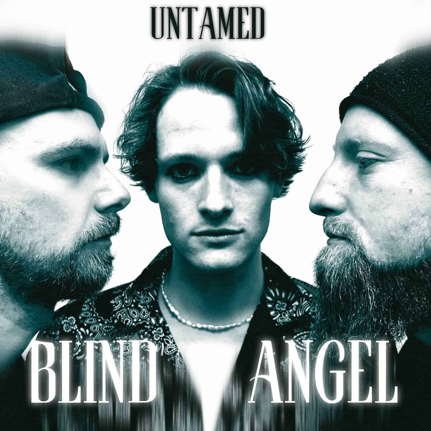 Albumcover von "Untamed Blind Angel" mit drei Männern, zentraler Fokus auf den Sänger.